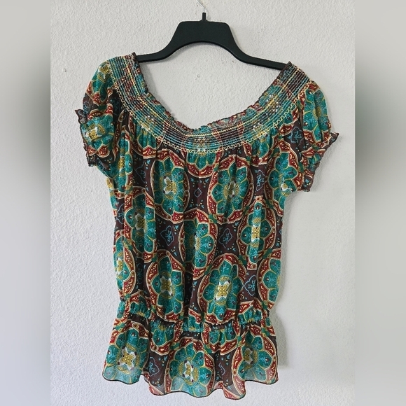 Love Tease Blouse Womens Sz M Multicolor Off Sholder Lightweight Coastal… - Picture 6 of 7